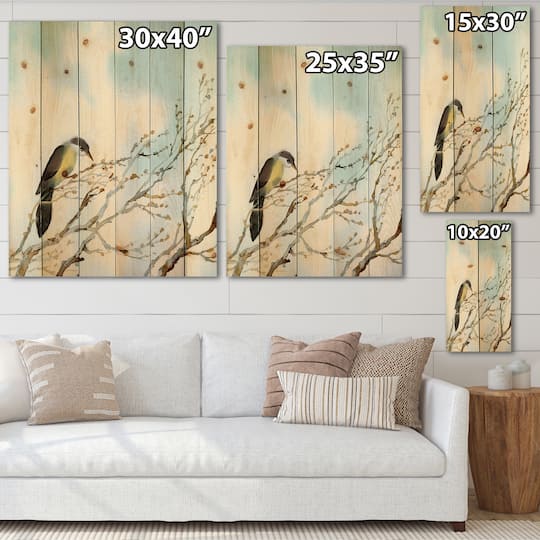 Designart - Bird On Old Bare Tree With Blue Cloudy Sky - Traditional Print on Natural Pine Wood